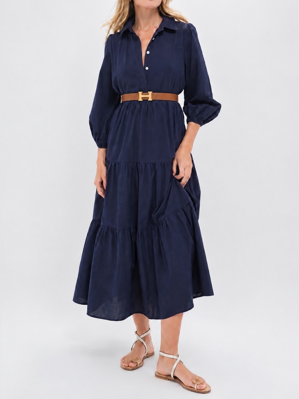 Pomander Place Navy Mabel Tiered Maxi Dress NWT Size L Puff Sleeve